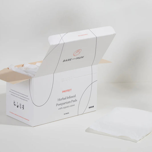 An opened box of 10 Bare Mum herbal infused postpartum pads.