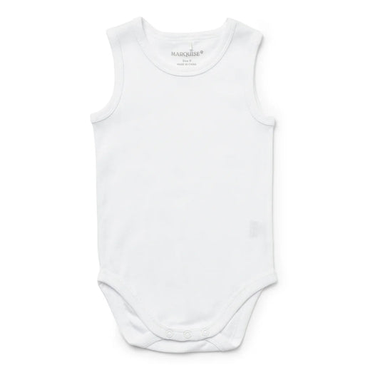 White sleeveless baby bodysuit on a white background