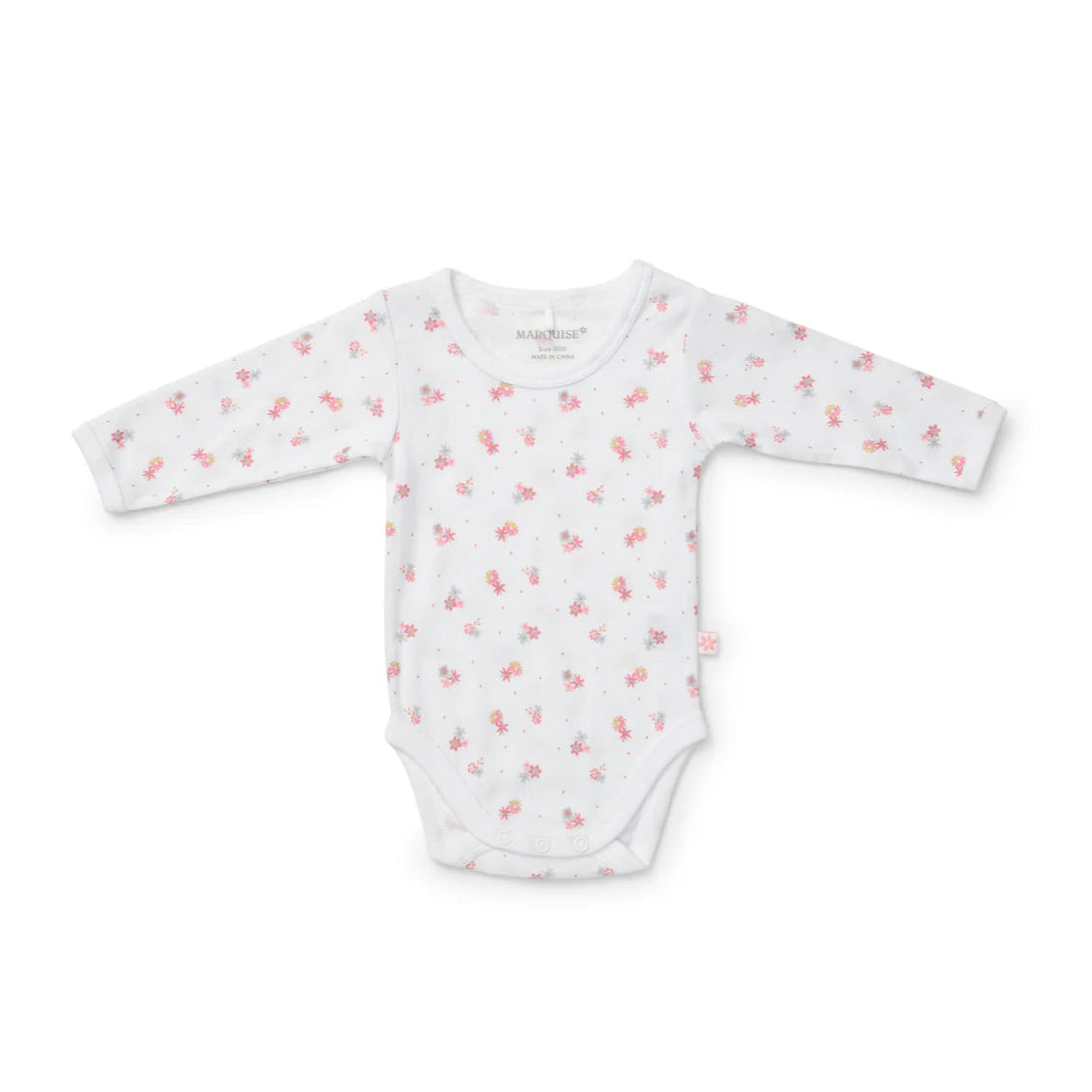 White baby onesie with pink cherry pattern on a white background
