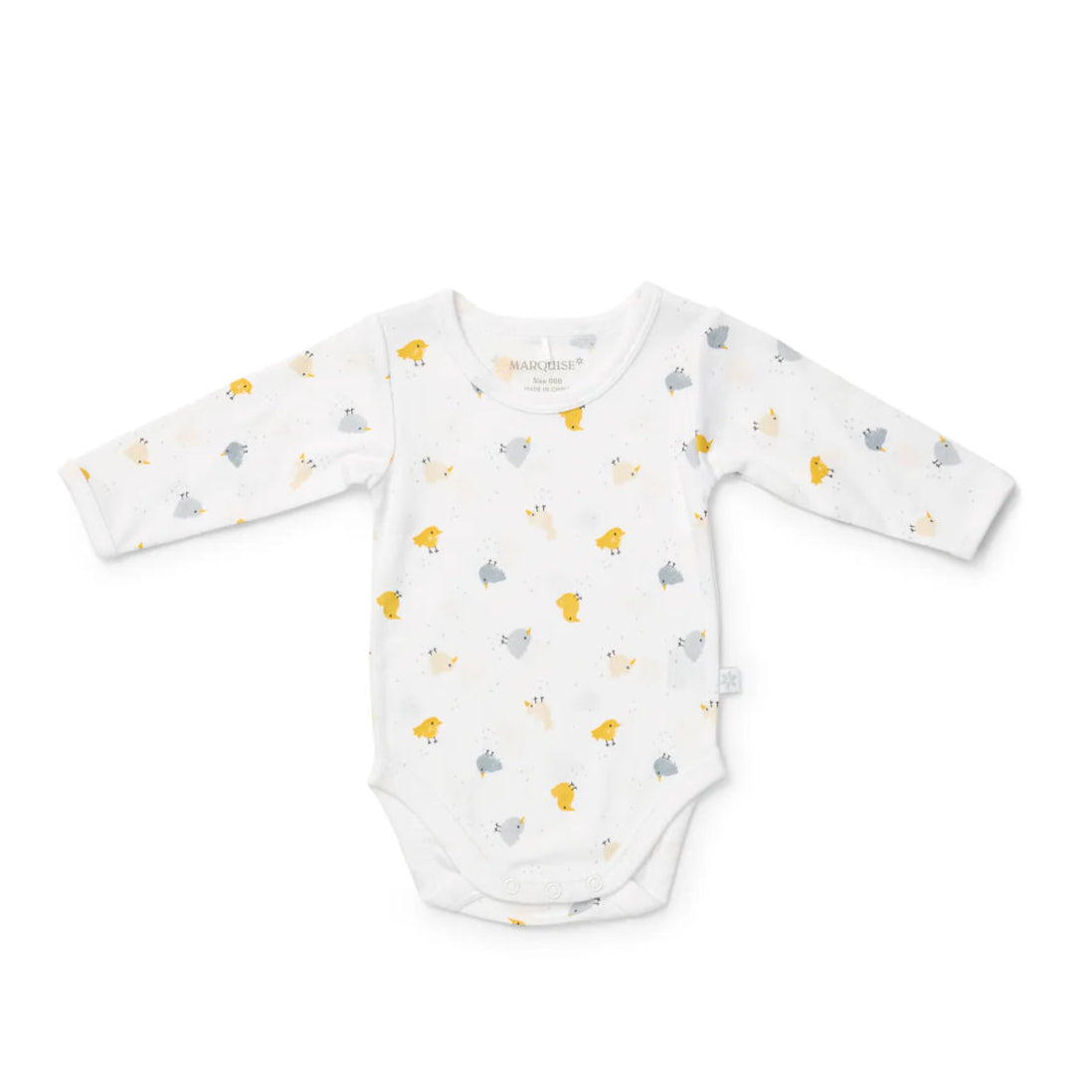 Baby onesie with long sleeves and a pattern on a white background