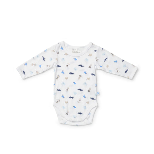Baby onesie with animal pattern on a white background