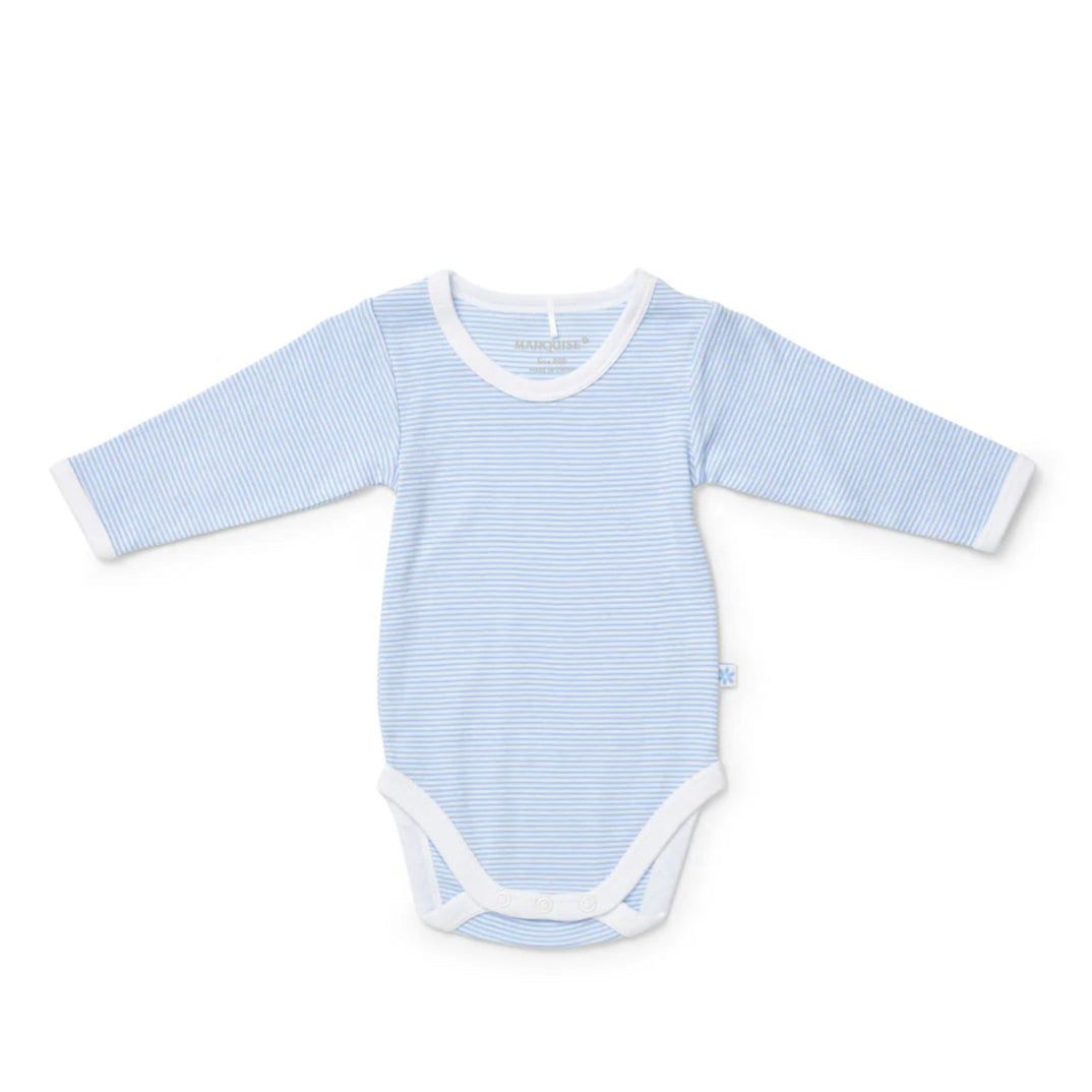 Blue and white striped baby bodysuit on a white background