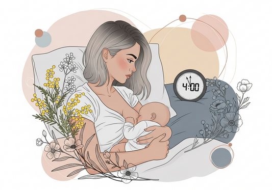 A postpartum woman breastfeeding her newborn that is asleep at 4am. She laying in bed, co-sleeping with her newborn and looking at the clock looking exhausted.