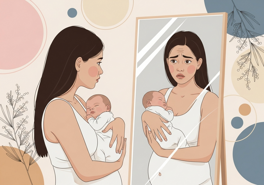 A postpartum woman holding her newborn that is asleep and looking into a mirror. She looking in the mirror with expressions of anxiety and self-doubt.