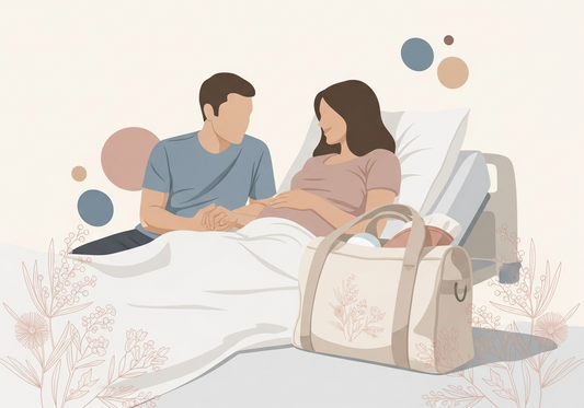 Pregnant woman and her partner in hospital with their hospital bag