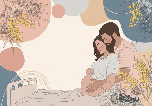  pregnant woman and her partner close to her as she is going into labour and giving birth to her baby in a hospital room. The pregnant woman leans gently against her partner for support. 