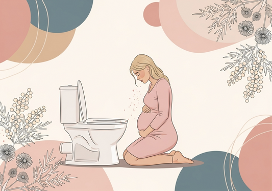 A pregnant blonde woman struggling with pregnancy symptoms is by her toilet as she is vomiting. The pregnant woman is tired and exhausted. 