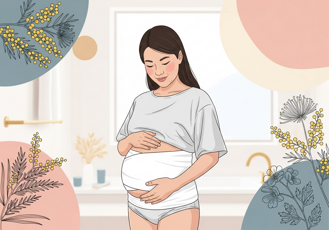 A postpartum woman in her bathroom with her belly wrapped in bandages. She lovingly holds her tummy in the hopes it heals and recovers. 