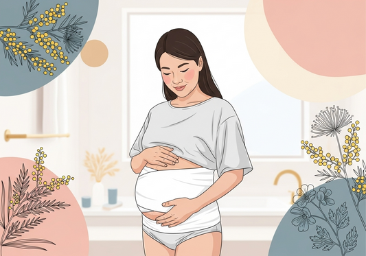 A postpartum woman in her bathroom with her belly wrapped in bandages. She lovingly holds her tummy in the hopes it heals and recovers. 