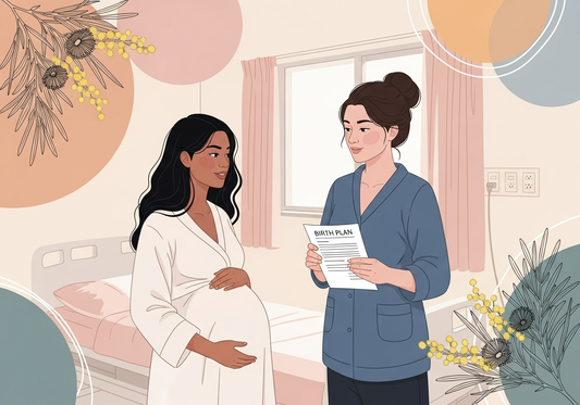 Raven hair pregnant woman in her birthing hospital room positively discussing her birth plan with her midwife. The pregnant woman is holding a 'Birth Plan' document 