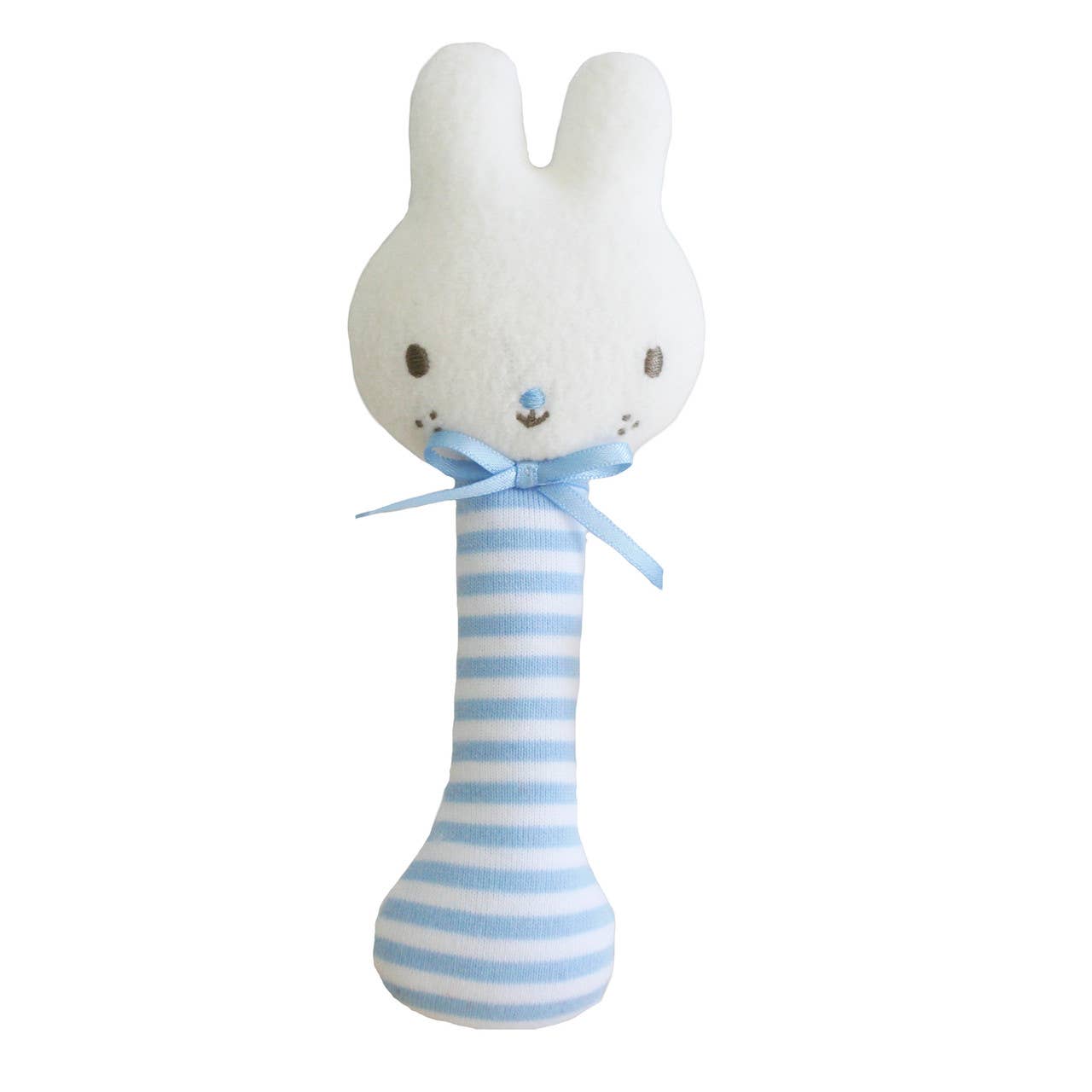 A baby blue and white striped bunny stick rattle with a soft fabric handle.