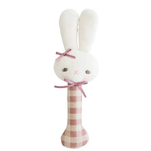 Alimrose: Baby Bunny Stick Rattle - Pink Rose Check