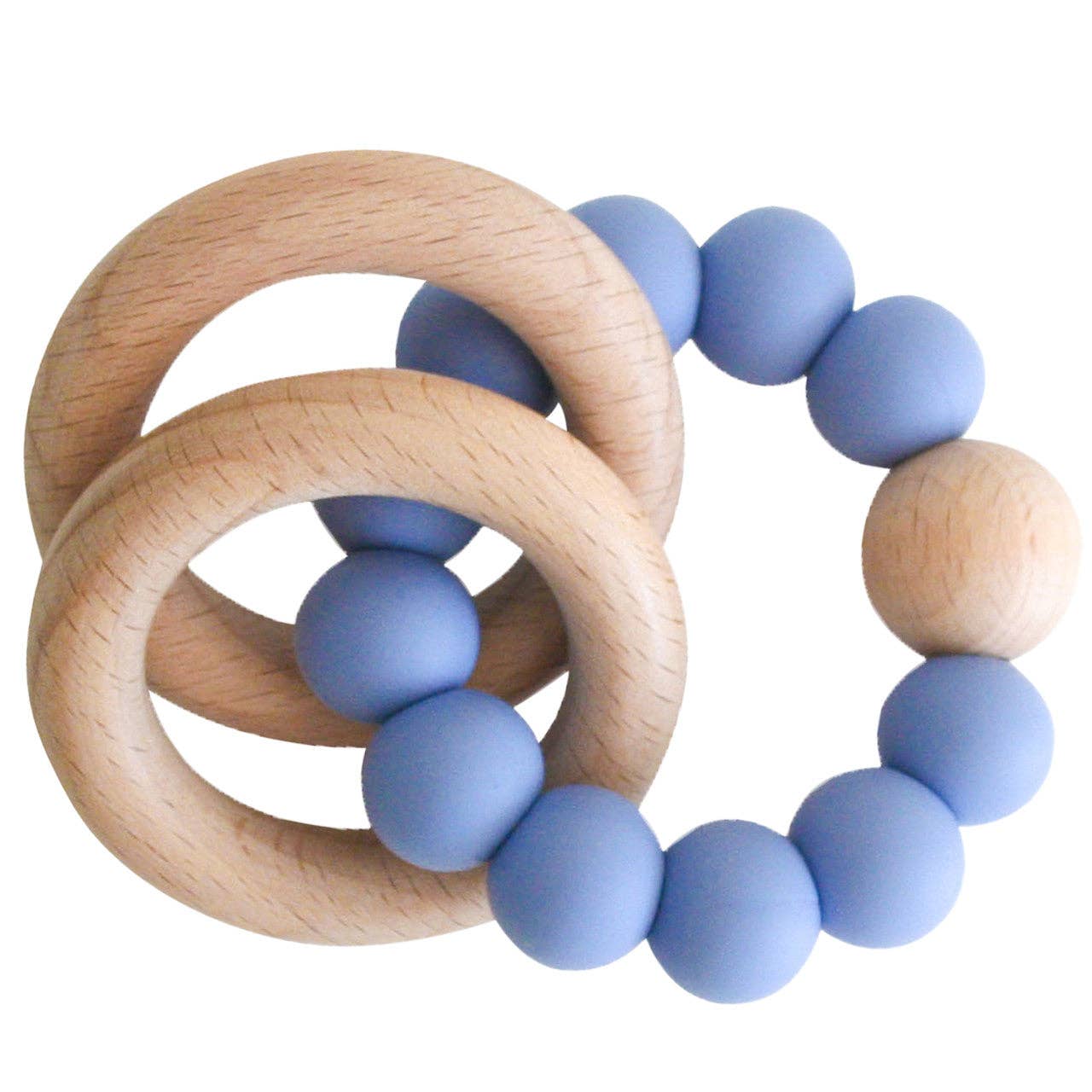 A set of beechwood teether rattle rings with blue silicone beads, designed for babies.