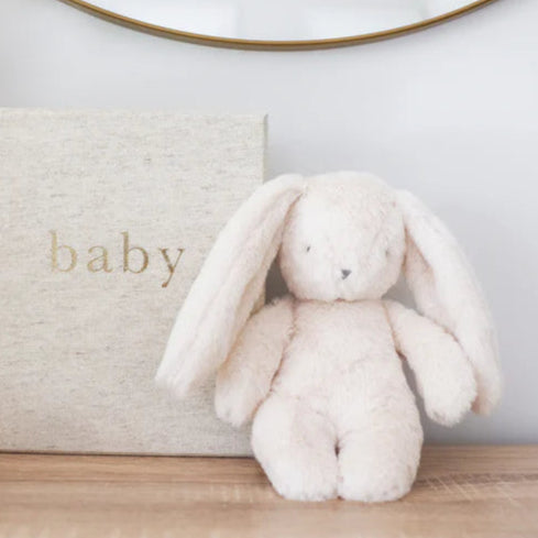 Stuffed bunny toy on a wooden surface with a 'baby' sign in the background