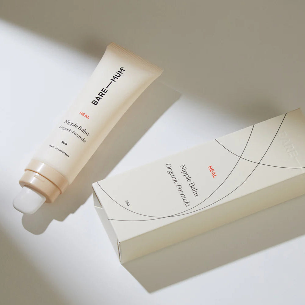 Bare Mum nipple balm tube and packaging on a light background