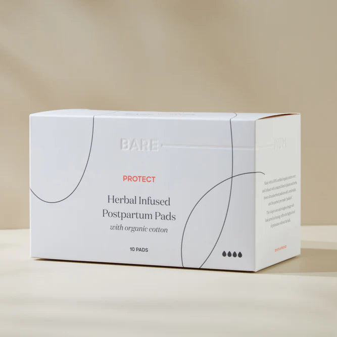 A box of tend Bare Mum Herbal Infused Postpartum Pads with organic cotton pads in its box. The packaging is minimalistic with a white and text design.