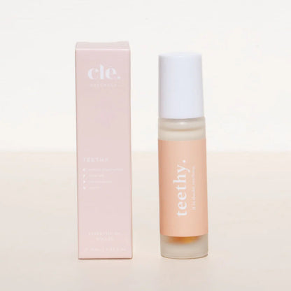 Teethy Essential Roller bottle and packaging with 'cle' and 'teethy' branding on a light background
