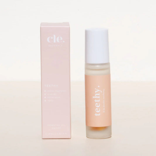 Teethy Essential Roller bottle and packaging with 'cle' and 'teethy' branding on a light background