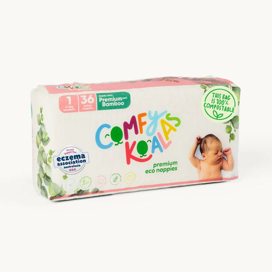 Pack of Comfy Koala premium eco nappies on a white background