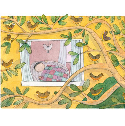 Illustration of a child sleeping in a treehouse with birds perched on branches.