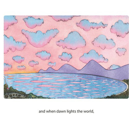 Illustration of a serene landscape with pink and blue clouds over a lake.