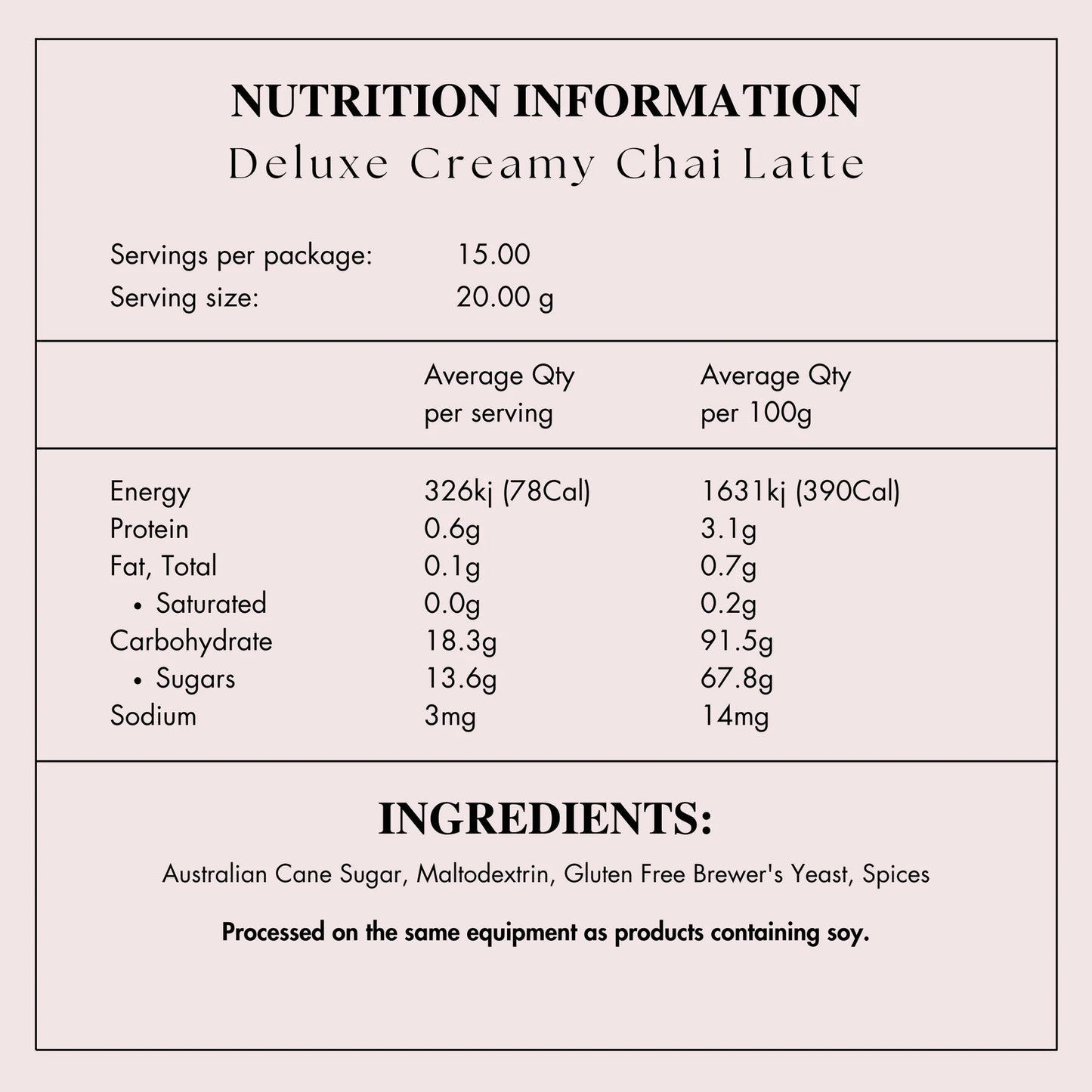 Nutrition information and ingredients list for Deluxe Creamy Chai Latte on a white background