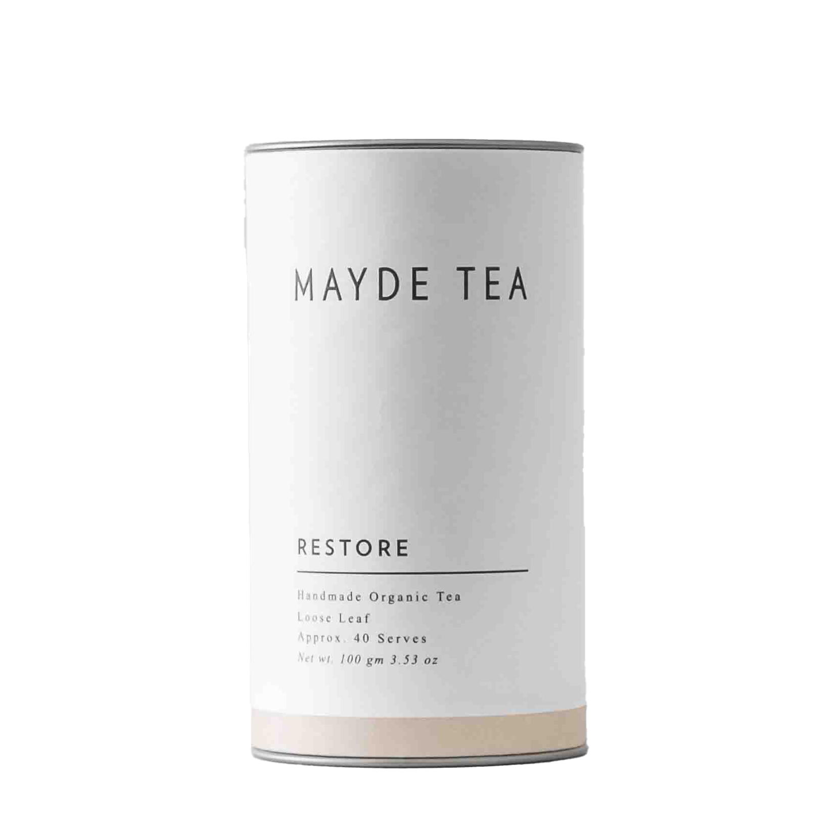 Mayde Tea canister labeled 'Restore' on a white background