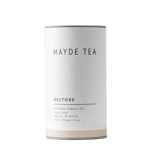 Mayde Tea canister labeled 'Restore' on a white background