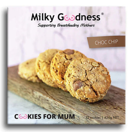 Packaging of Milky Goodness Choc Chip Cookies for Mum with cookies on a wooden board.