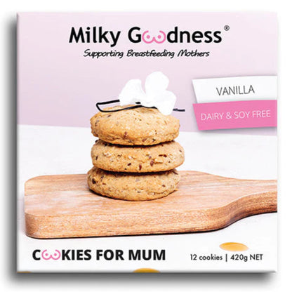 Packaging of Milky Goodness Cookies for Mum with vanilla cookies on a wooden board.