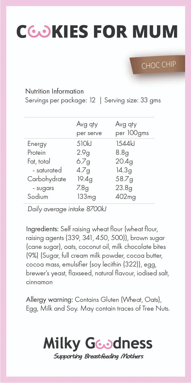 Nutrition label and ingredients list for cookies with a pink background