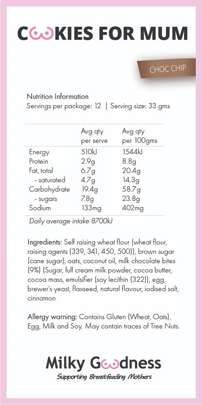 Nutrition label and ingredients list for cookies with a pink background