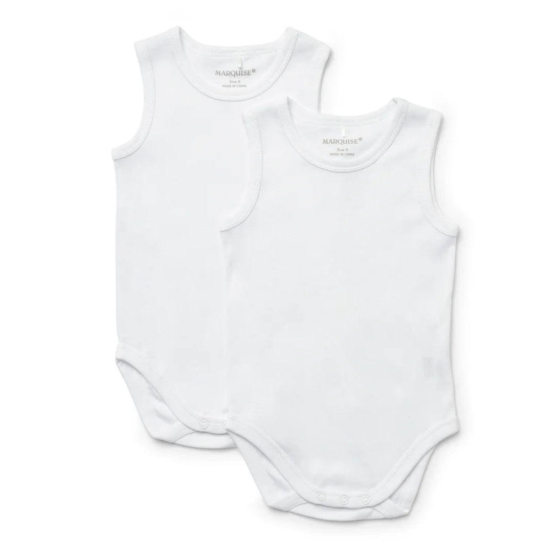 White sleeveless baby bodysuit on a white background