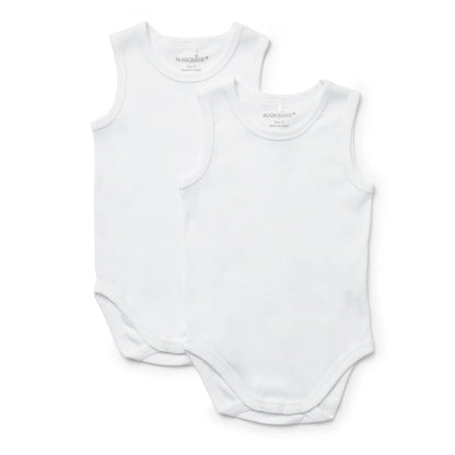 White sleeveless baby bodysuit on a white background