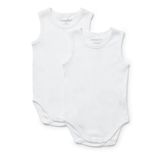 White sleeveless baby bodysuit on a white background