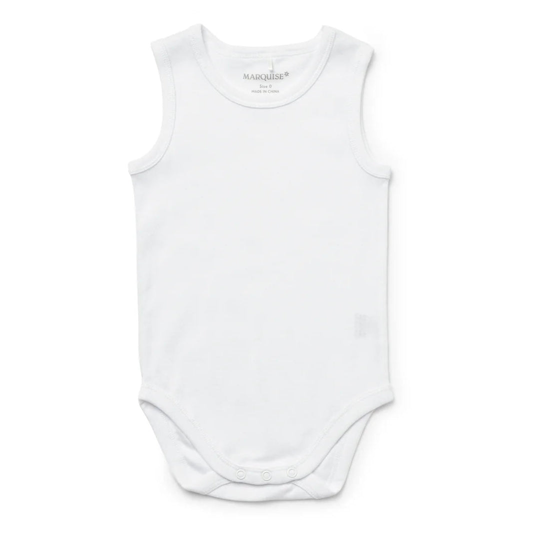 White sleeveless baby bodysuit on a white background
