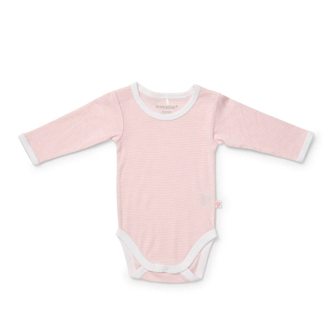 Pink baby onesie with white stripes on a white background