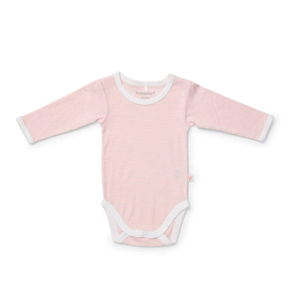 Pink baby onesie with white stripes on a white background