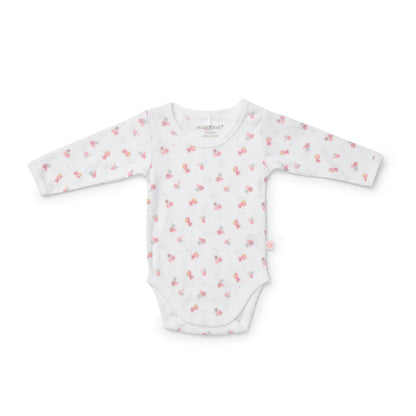 White baby onesie with pink cherry pattern on a white background