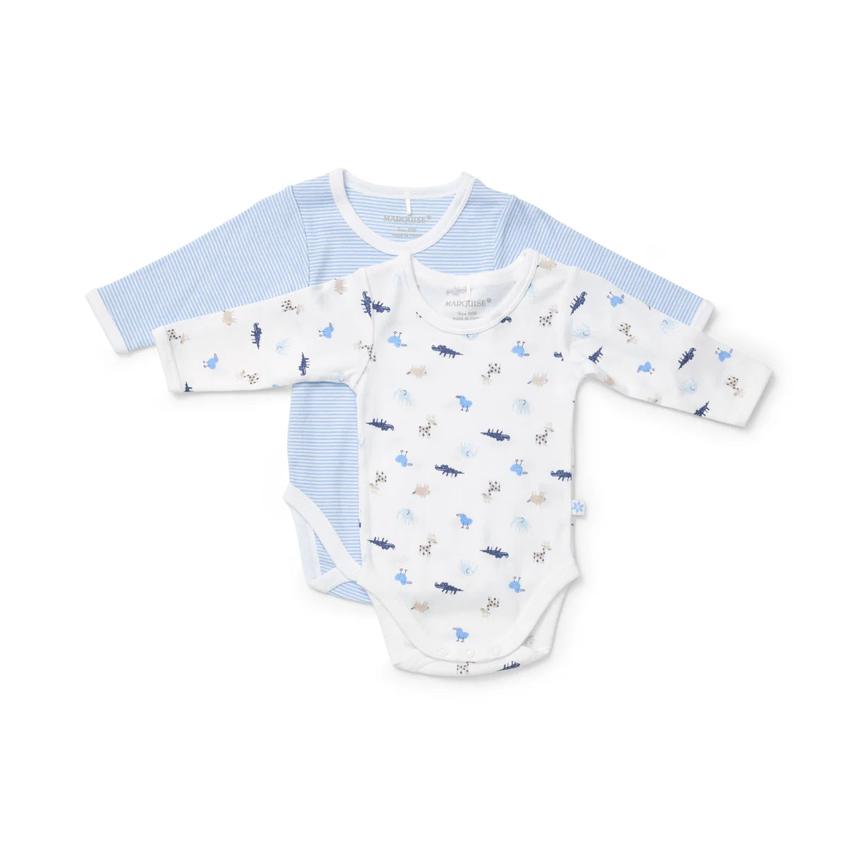Two baby bodysuits with long sleeves, one blue and one white with animal pattern, on a white background.