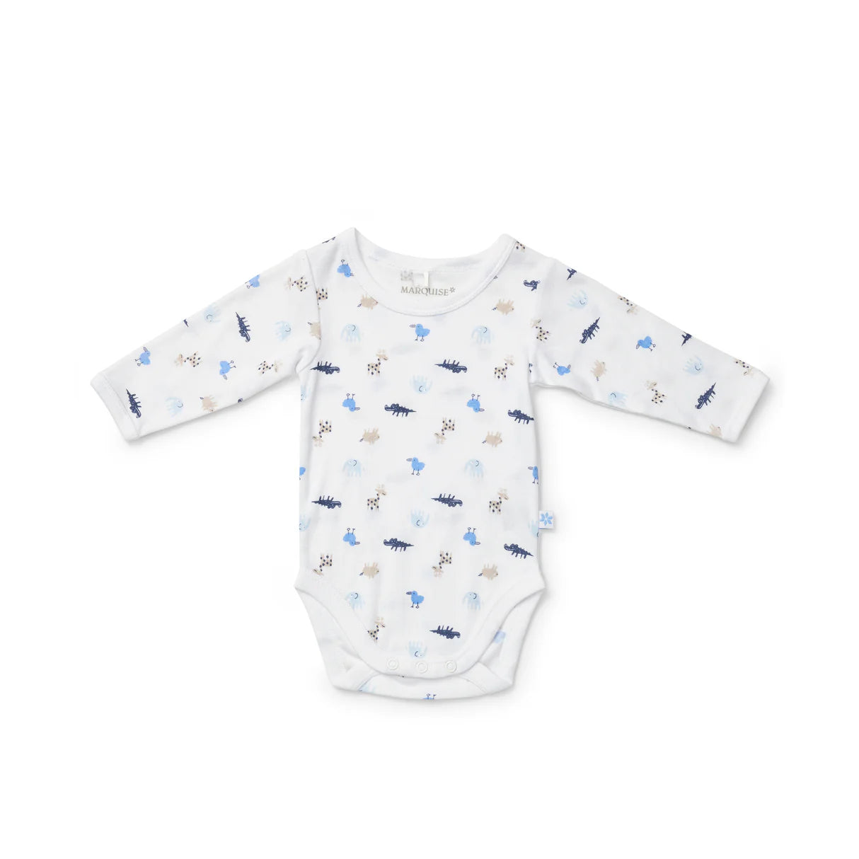 Baby onesie with animal pattern on a white background