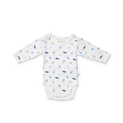 Baby onesie with animal pattern on a white background