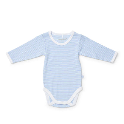 Blue and white striped baby bodysuit on a white background