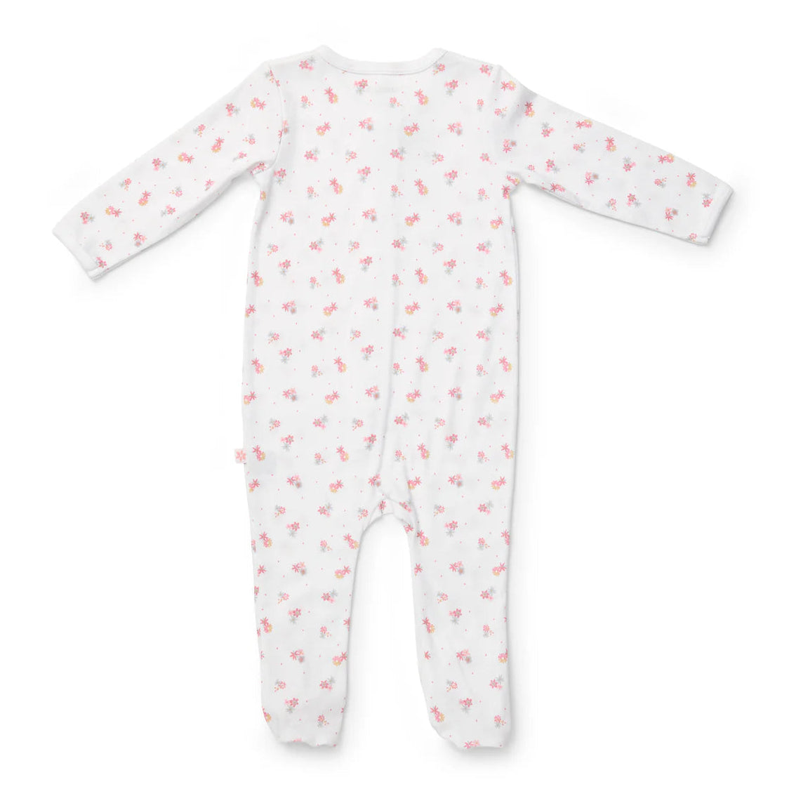 White baby onesie with pink floral pattern on a white background