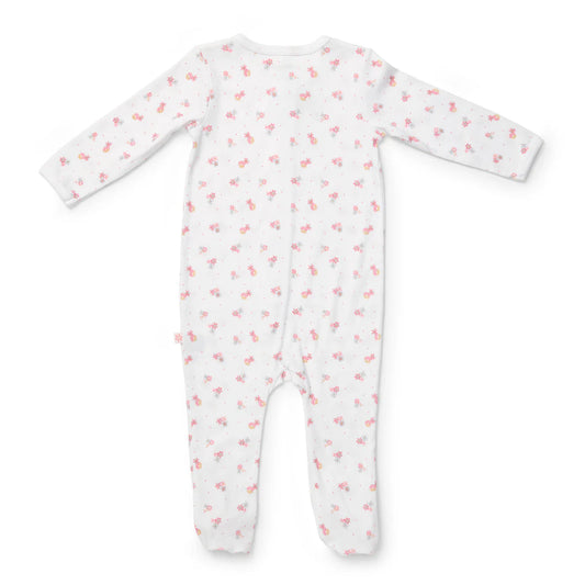 White baby onesie with pink floral pattern on a white background