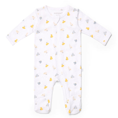 Baby onesie with animal print on a white background