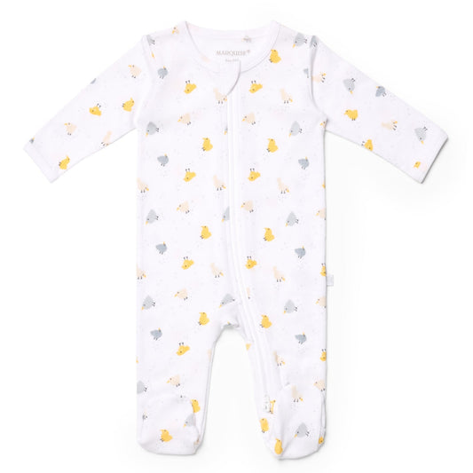 Baby onesie with animal print on a white background