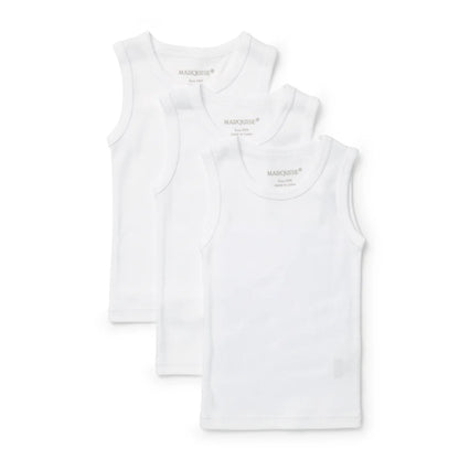 Three white tank tops stacked on a white background