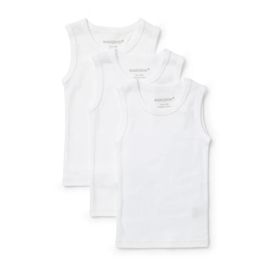 Three white tank tops stacked on a white background