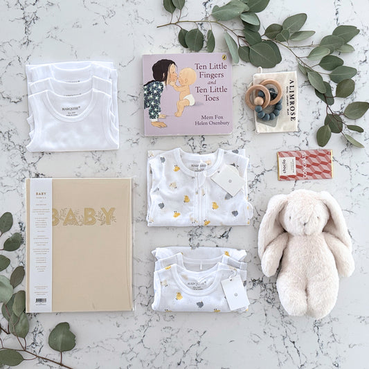 Omoiyari Hello Baby Luxe (gender neutral) Gift hamper box - bunny plush toy, chocolate, Marquise babywear, baby journal, teething ring, board book with green gum leaves.
